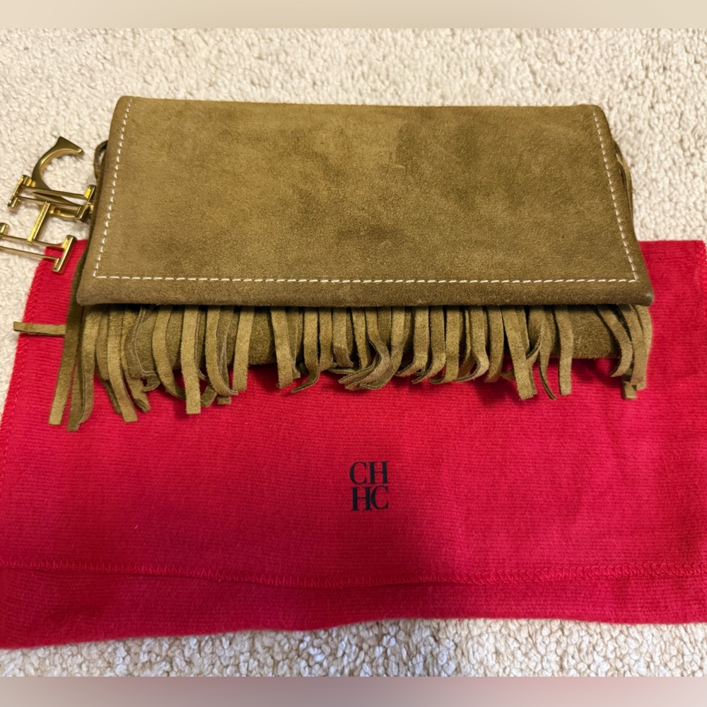 Carolina Herrera Suede Fringe Crossbody Clutch - Tan